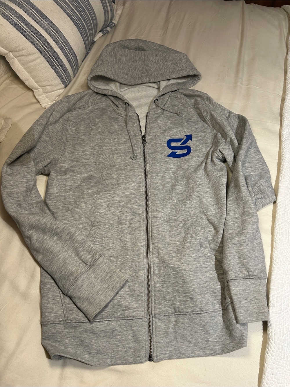 Gray Zip-Up Hoodie with Blue Logo